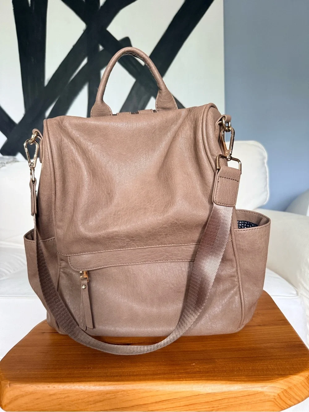 Madison West Taupe Convertible Leather-like Backpack